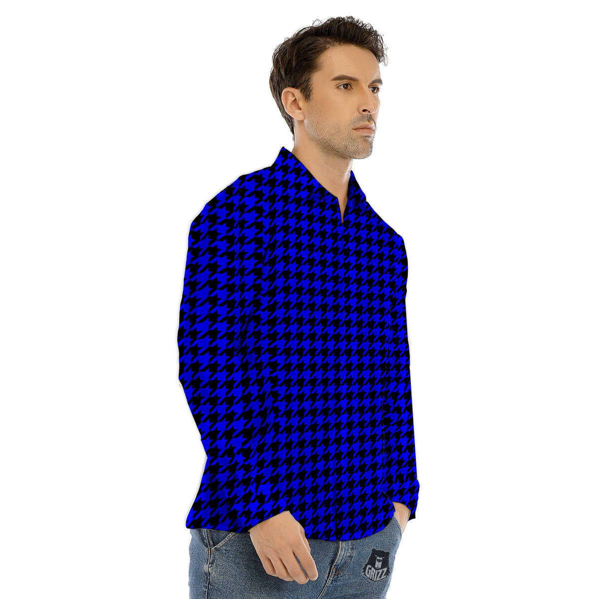 Houndstooth Black And Blue Print Pattern Men's Dress Shirts-grizzshop