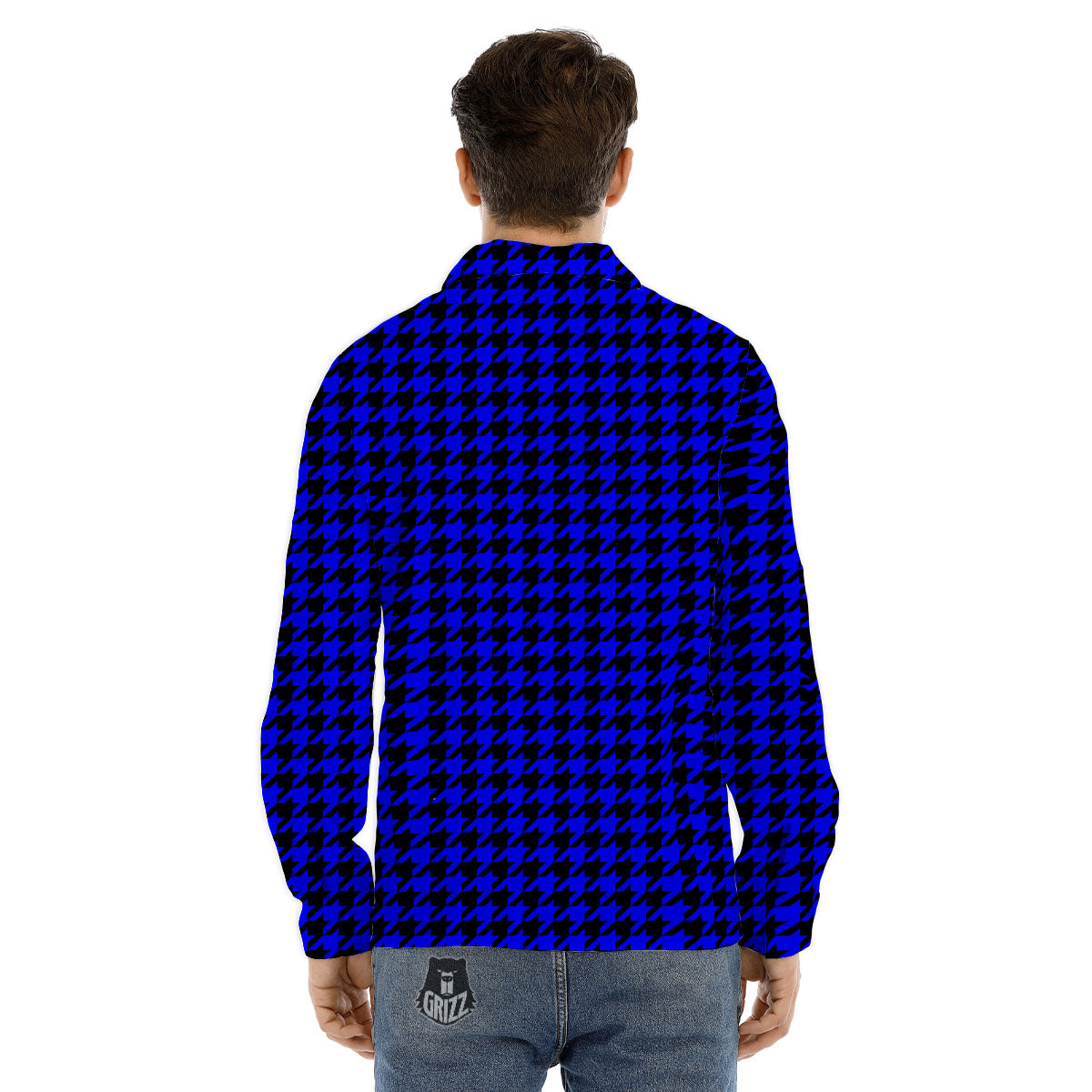 Houndstooth Black And Blue Print Pattern Men's Dress Shirts-grizzshop