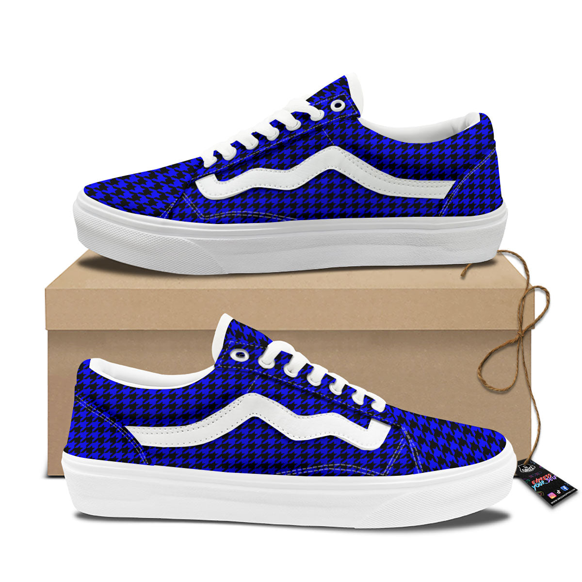 Houndstooth Black And Blue Print Pattern Skate Shoes-grizzshop