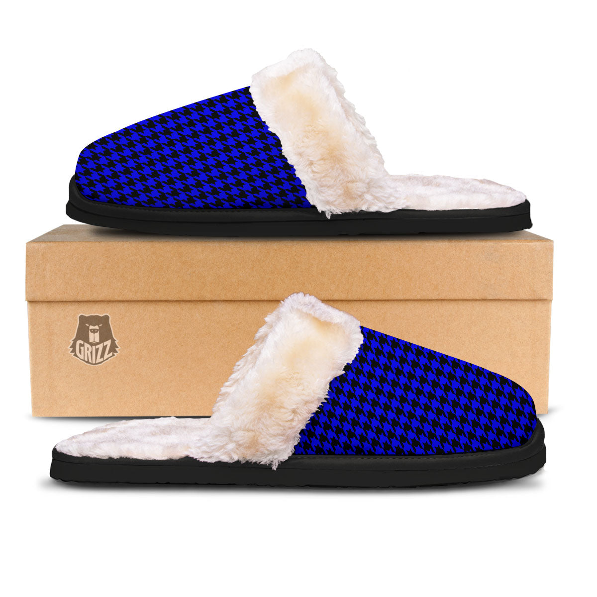 Houndstooth Black And Blue Print Pattern Slippers-grizzshop