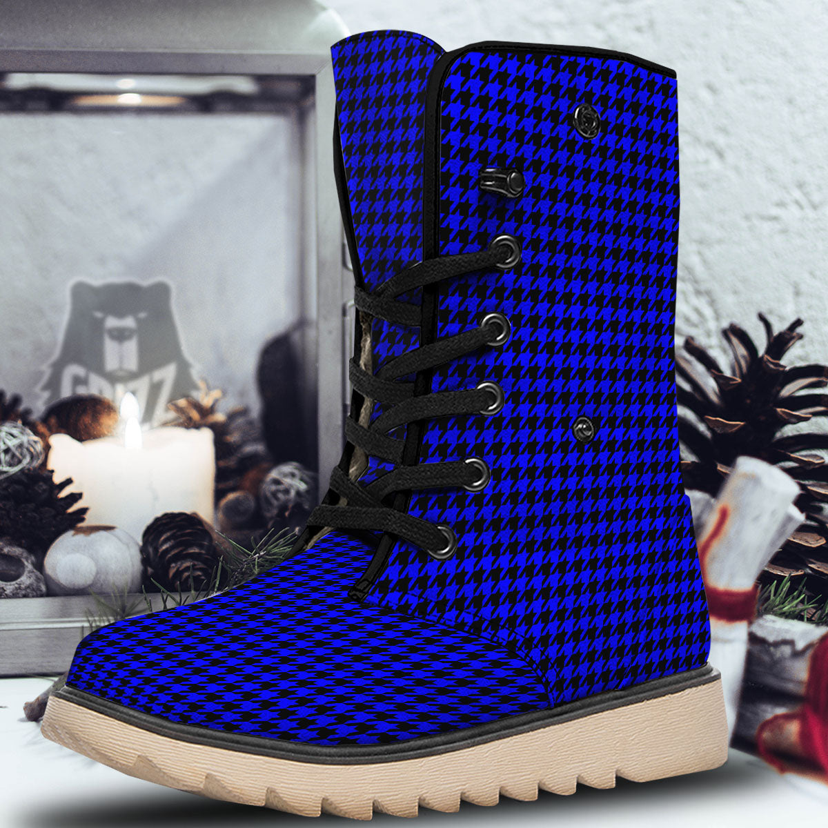 Houndstooth Black And Blue Print Pattern Snow Boots-grizzshop