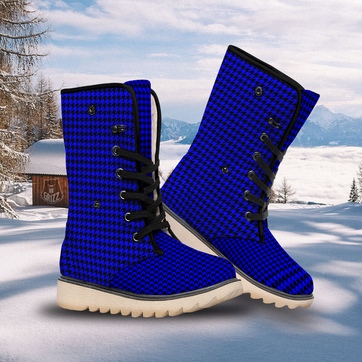 Houndstooth Black And Blue Print Pattern Snow Boots-grizzshop