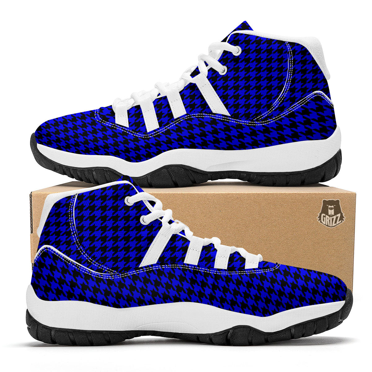 Houndstooth Black And Blue Print Pattern White Bball Shoes-grizzshop