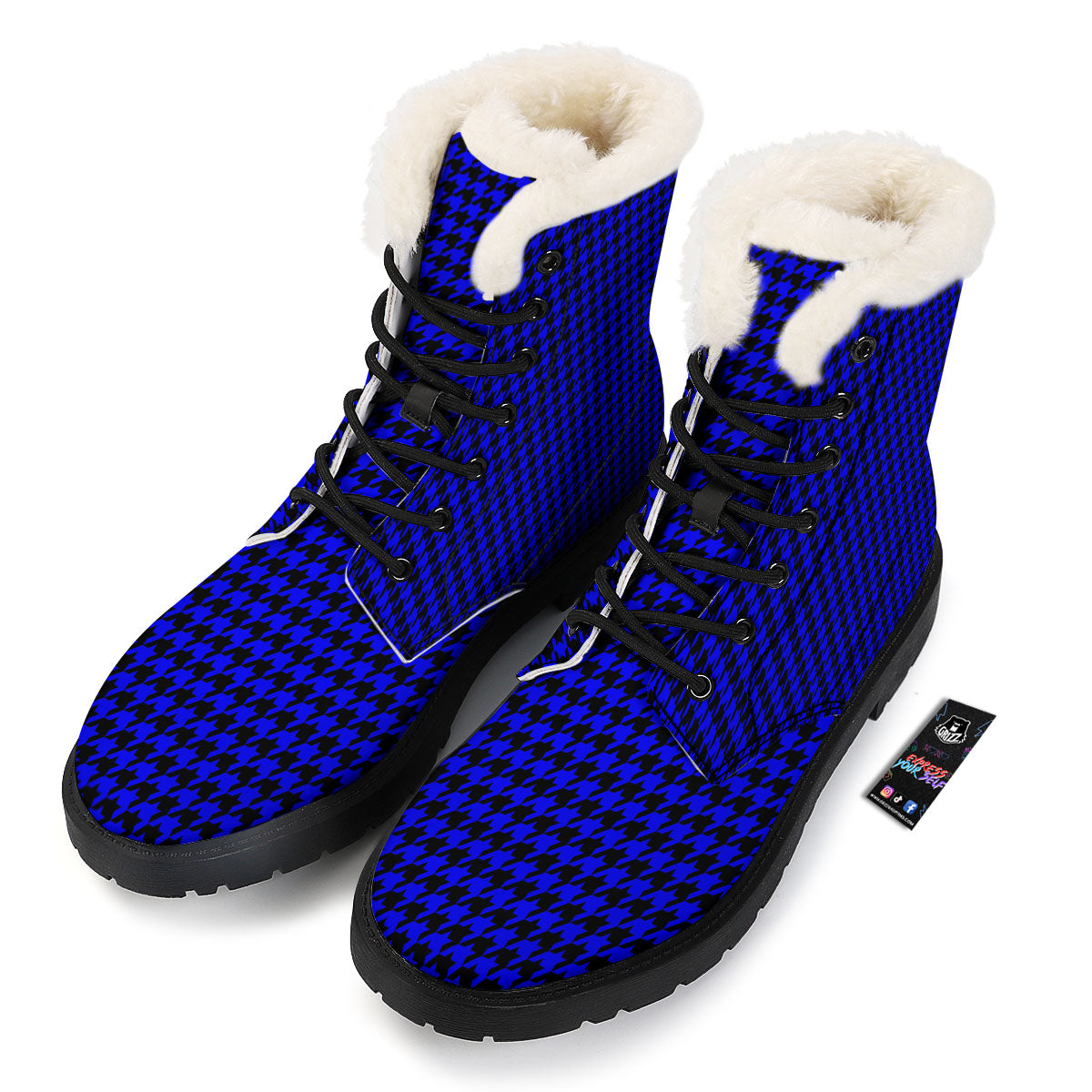 Houndstooth Black And Blue Print Pattern Winter Boots-grizzshop