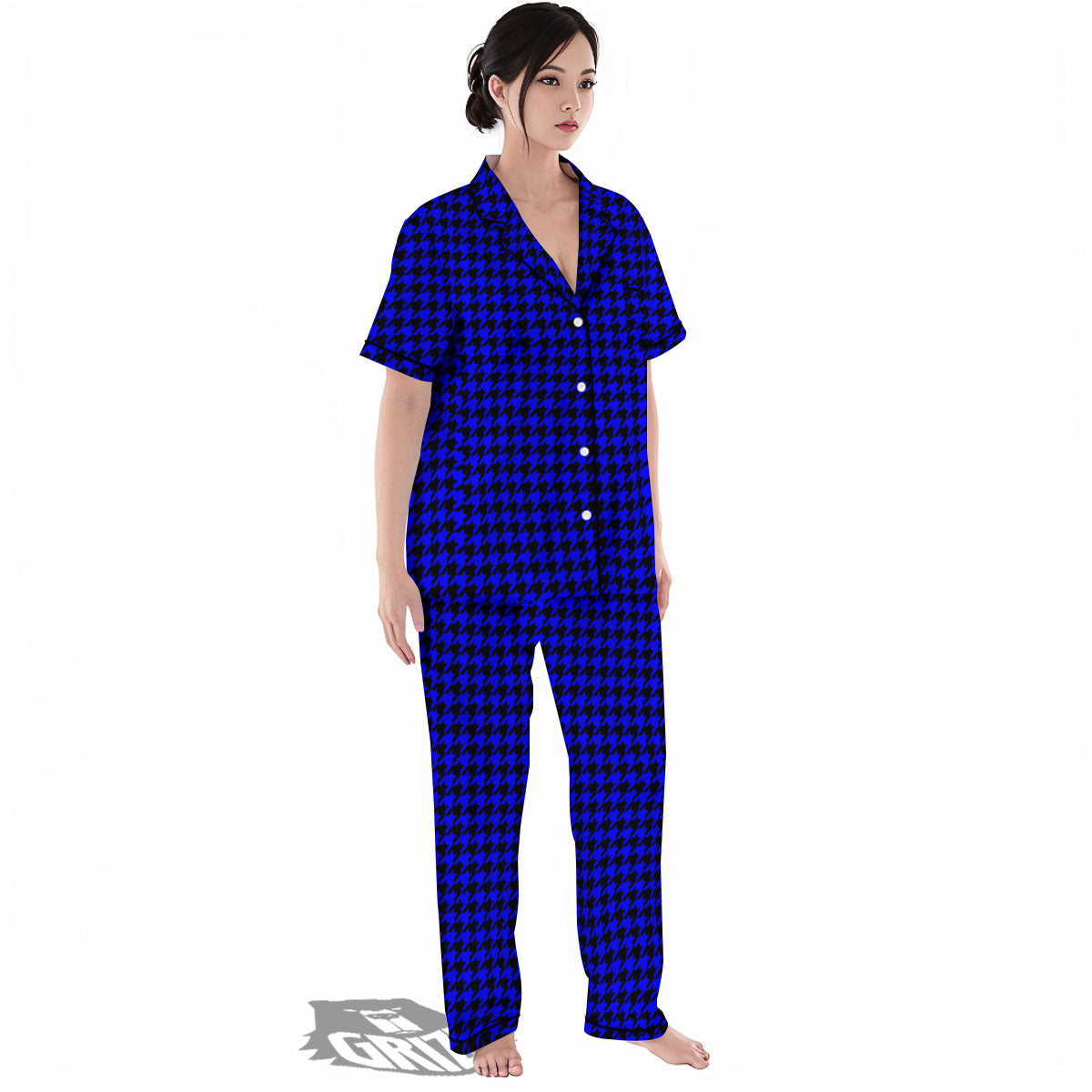 Houndstooth Black And Blue Print Pattern Women's Pajamas Set-grizzshop