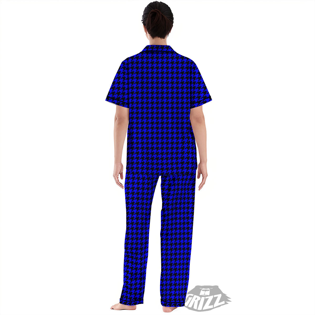 Houndstooth Black And Blue Print Pattern Women's Pajamas Set-grizzshop