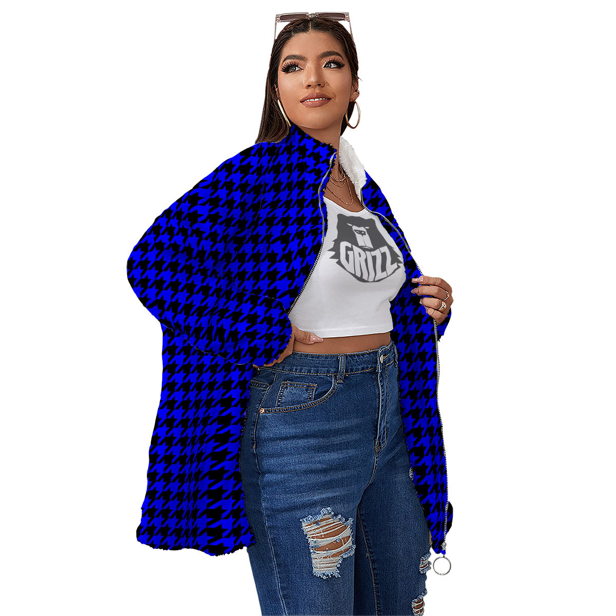 Houndstooth Black And Blue Print Pattern Women's Sherpa Jacket-grizzshop