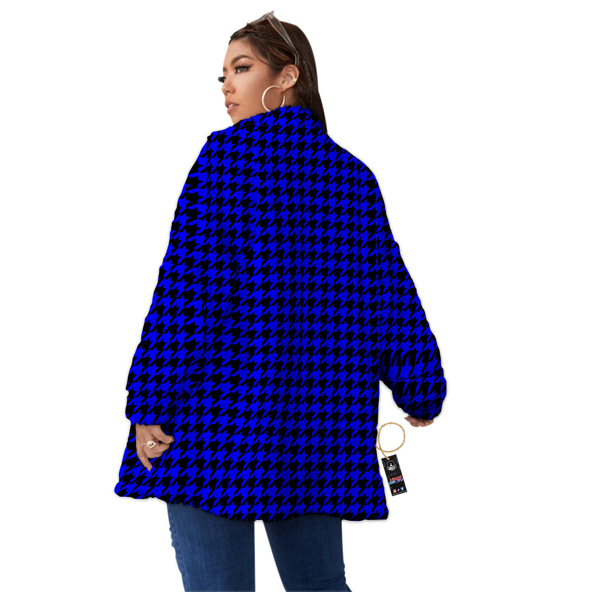 Houndstooth Black And Blue Print Pattern Women's Sherpa Jacket-grizzshop