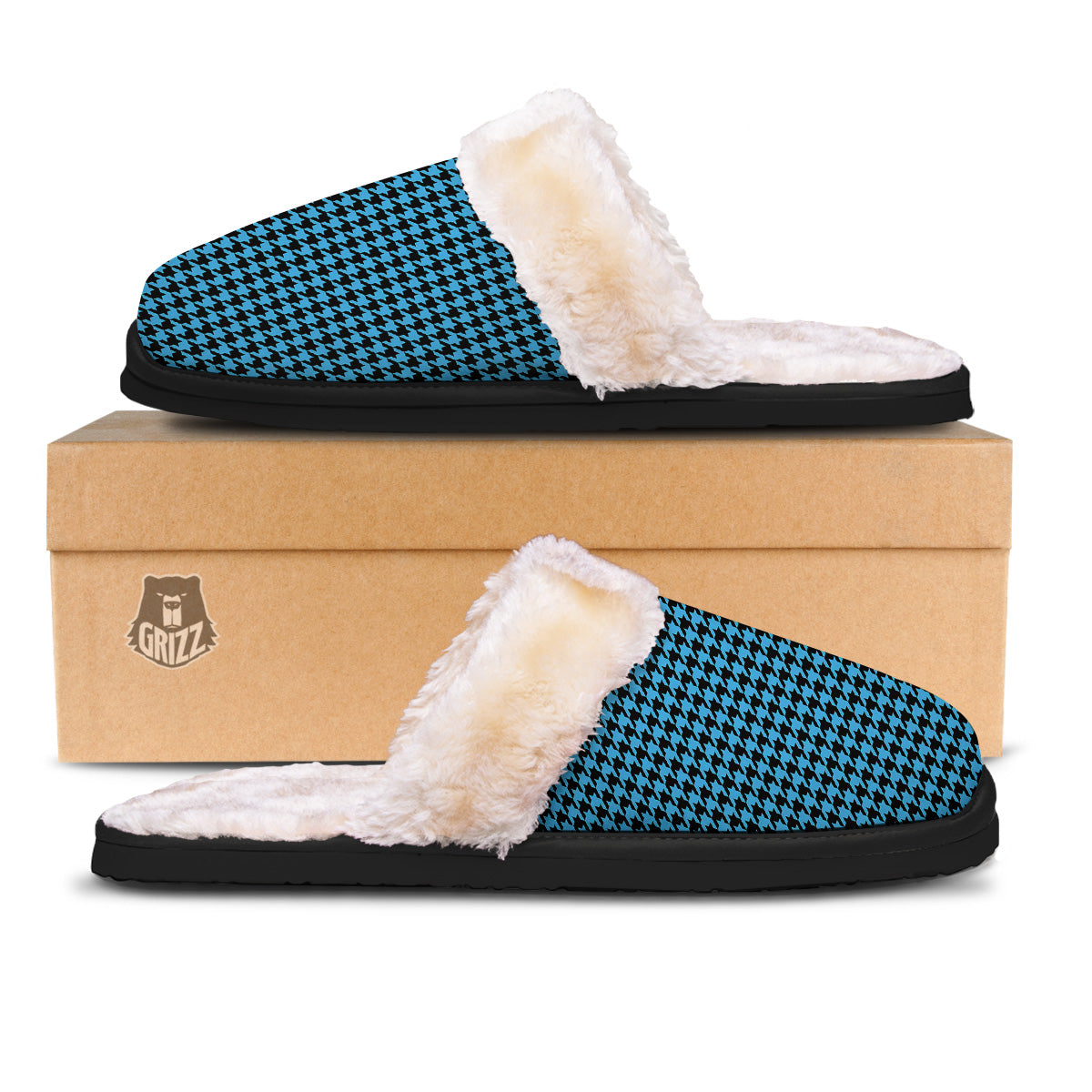 Houndstooth Black And Blue Print Slippers-grizzshop