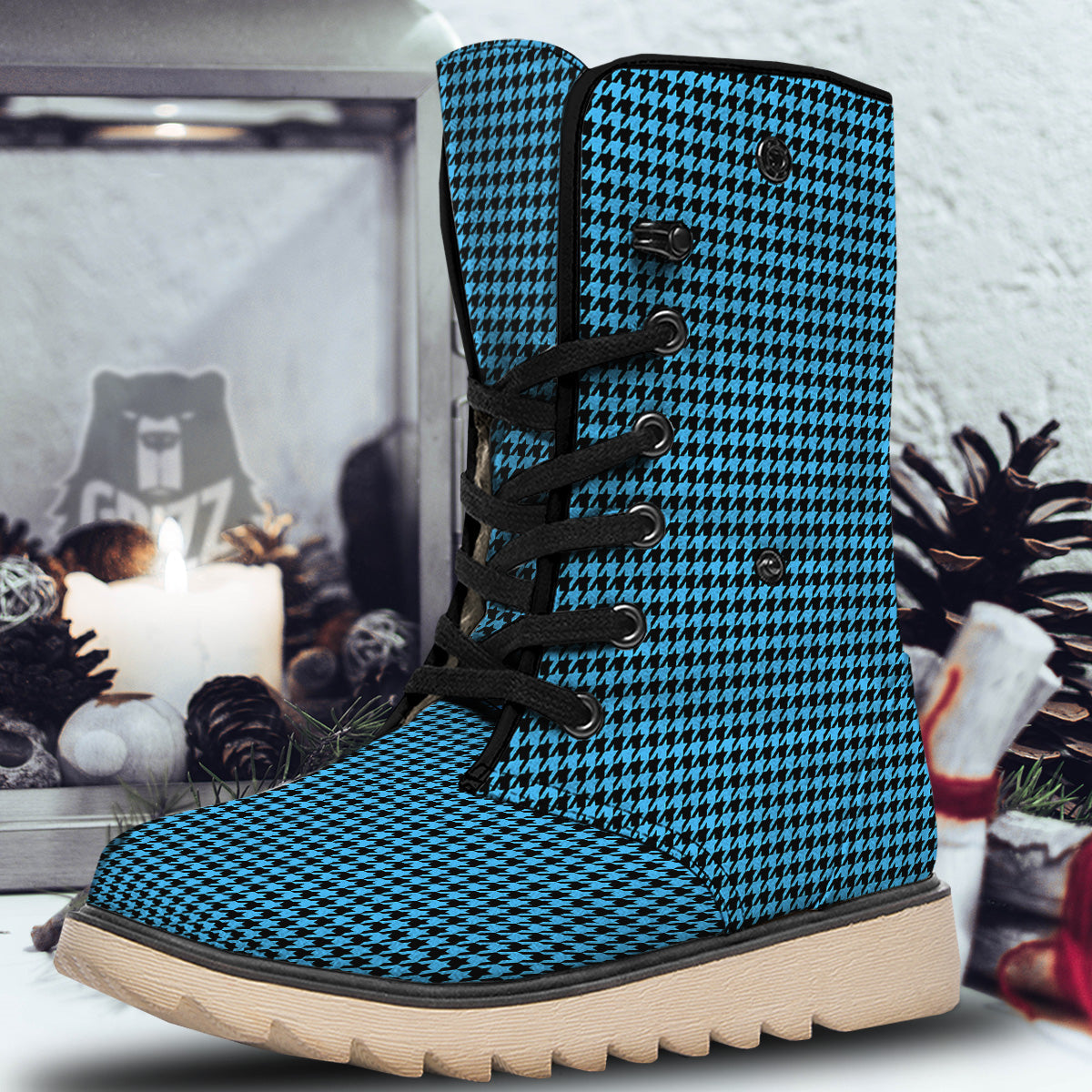 Houndstooth Black And Blue Print Snow Boots-grizzshop