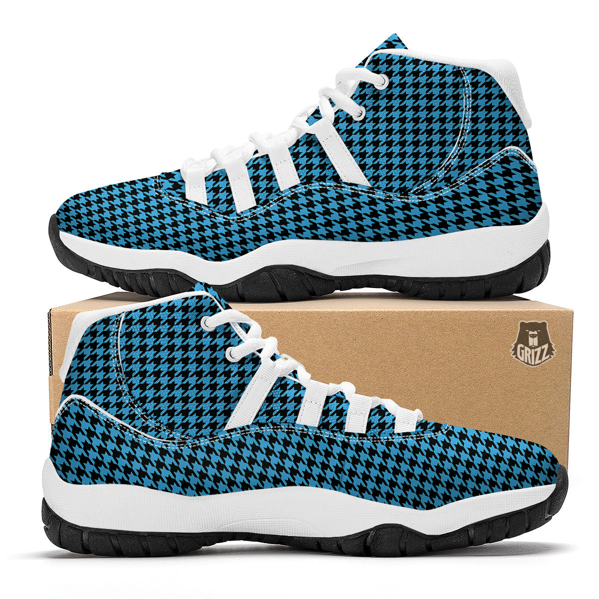 Houndstooth Black And Blue Print White Bball Shoes-grizzshop