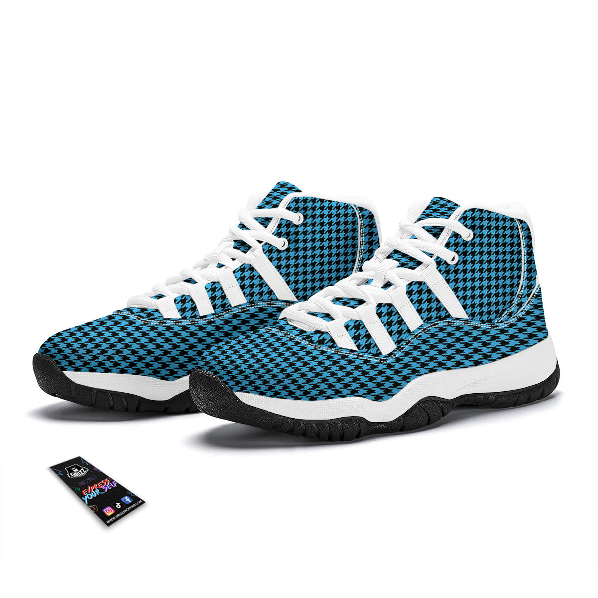 Houndstooth Black And Blue Print White Bball Shoes-grizzshop