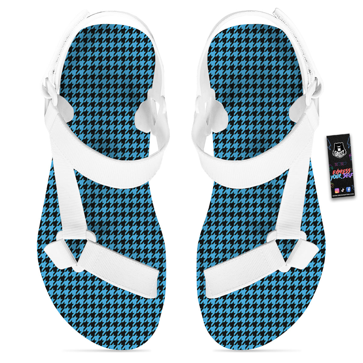 Houndstooth Black And Blue Print White Open Toe Sandals-grizzshop