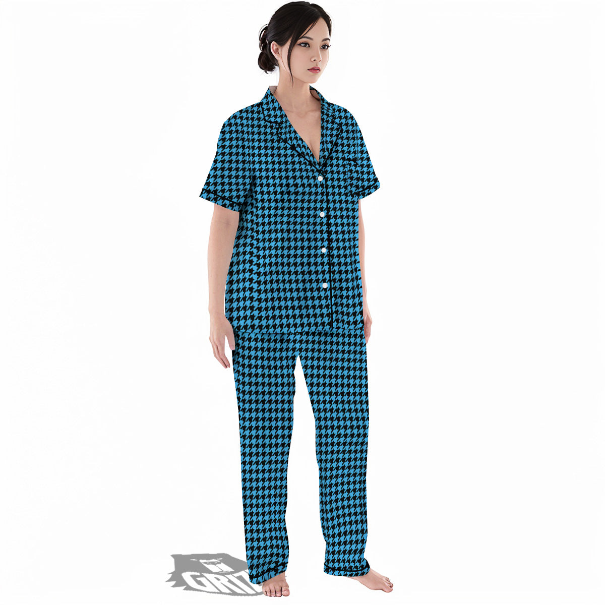 Houndstooth Black And Blue Print Women's Pajamas Set-grizzshop