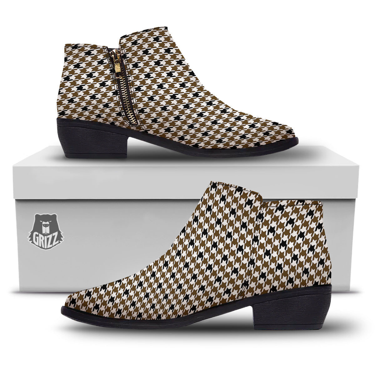 Houndstooth Black And Brown Print Ankle Boots-grizzshop