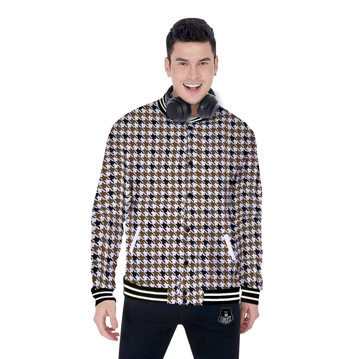 Houndstooth Black And Brown Print Baseball Jacket-grizzshop
