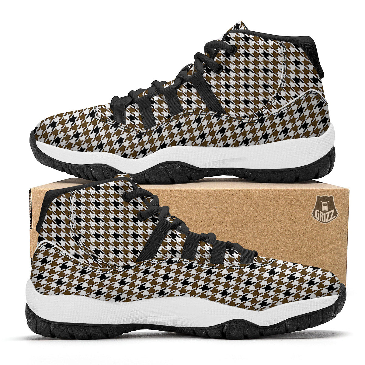 Houndstooth Black And Brown Print Black Bball Shoes-grizzshop