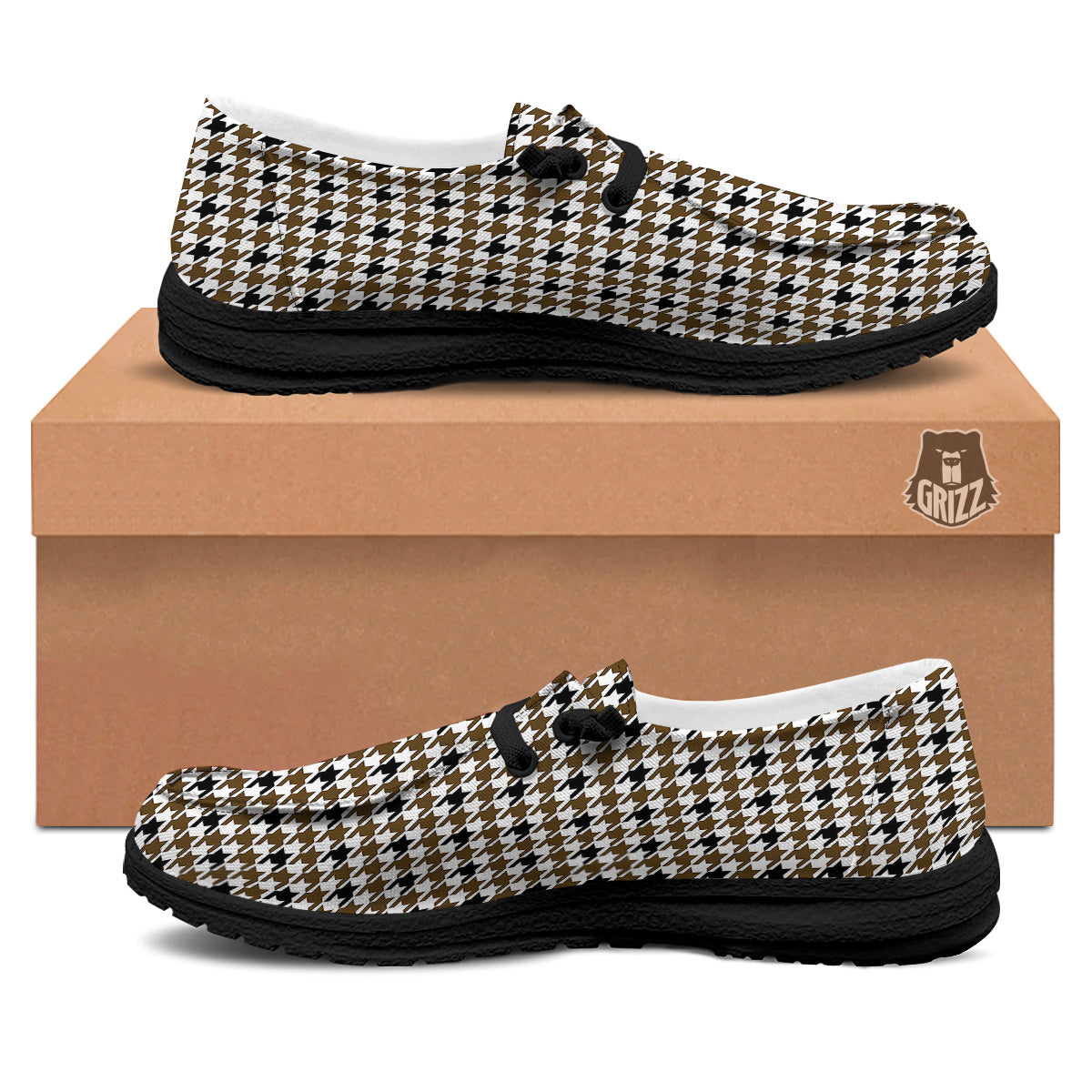 Houndstooth Black And Brown Print Black Loafers-grizzshop