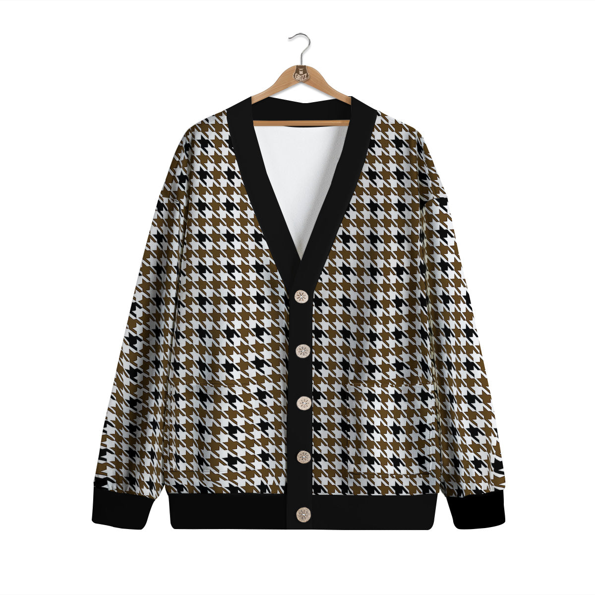 Houndstooth Black And Brown Print Cardigan-grizzshop