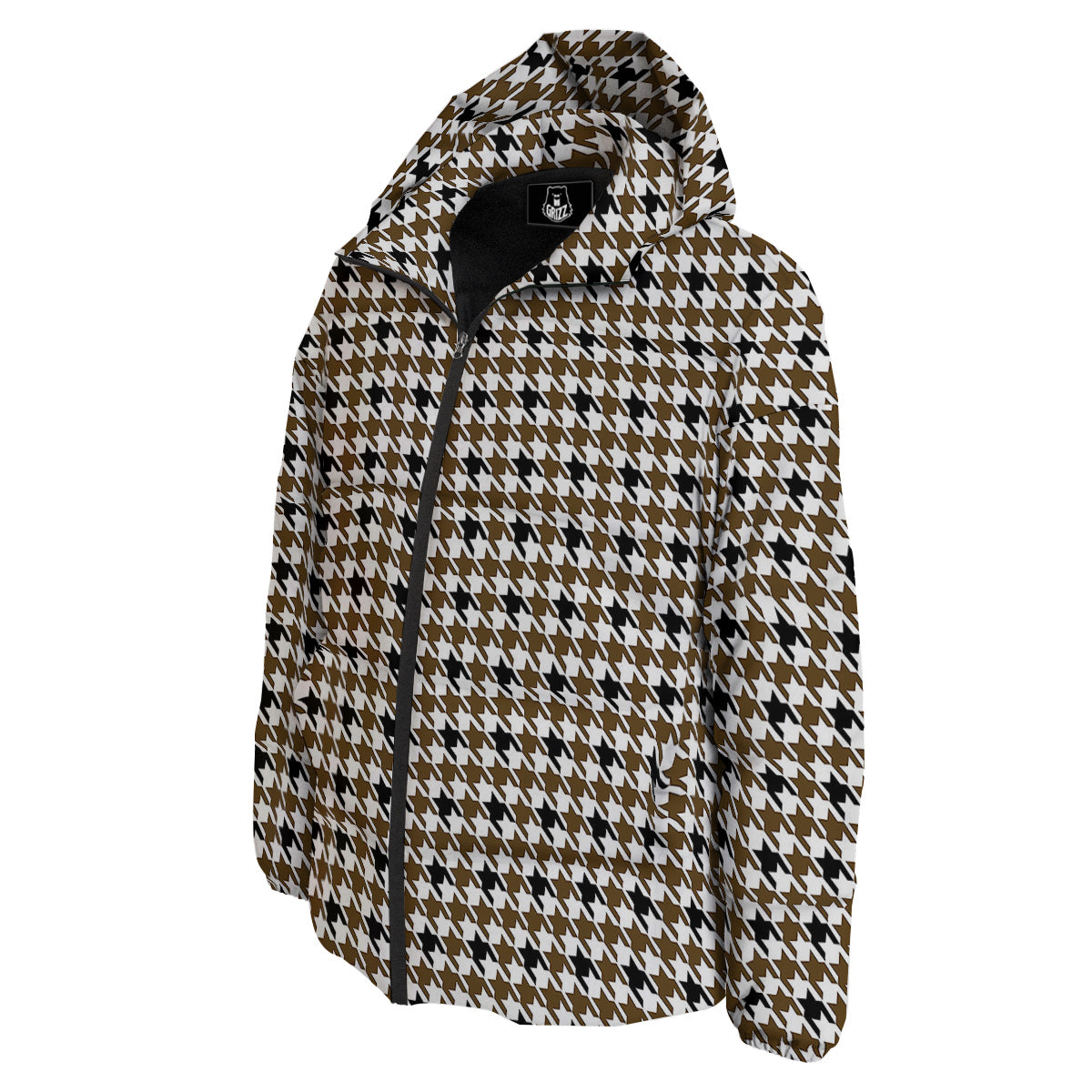 Houndstooth Black And Brown Print Down Jacket-grizzshop