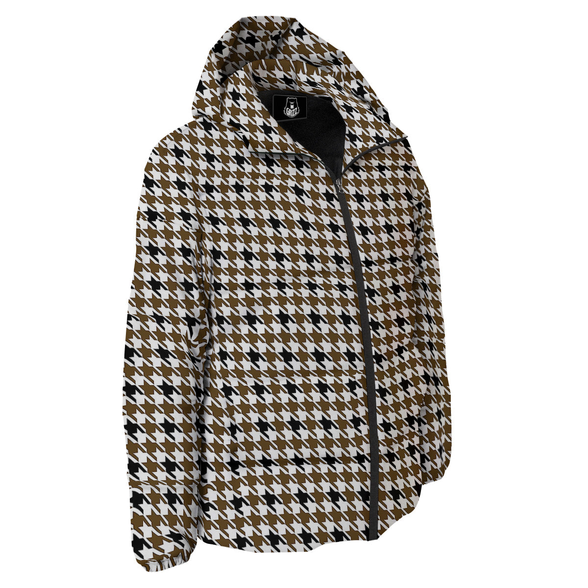 Houndstooth Black And Brown Print Down Jacket-grizzshop
