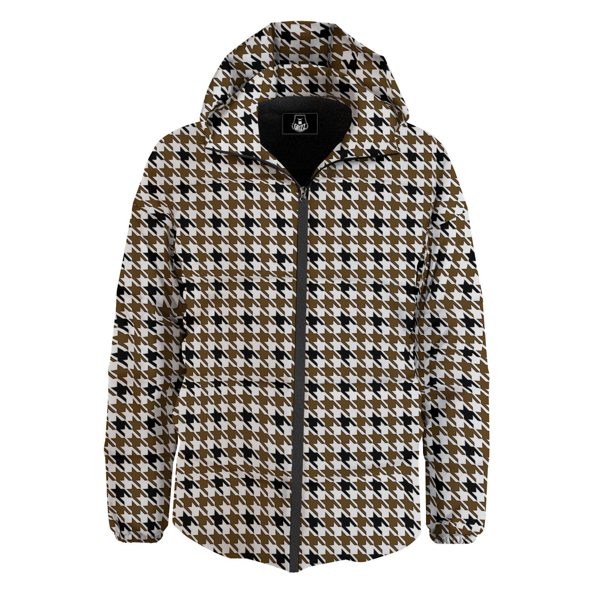 Houndstooth Black And Brown Print Down Jacket-grizzshop