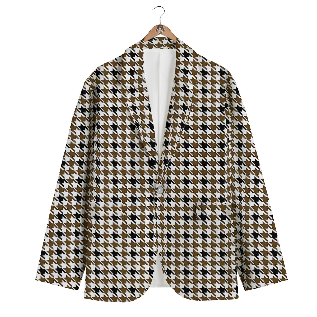 Houndstooth Black And Brown Print Men's Blazer-grizzshop