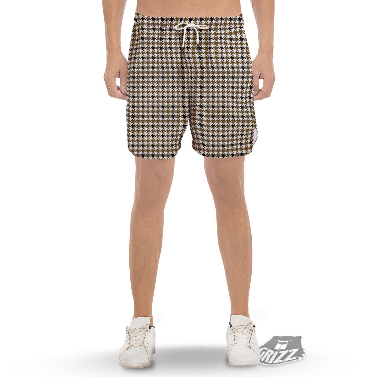 Houndstooth Black And Brown Print Men's Gym Shorts-grizzshop