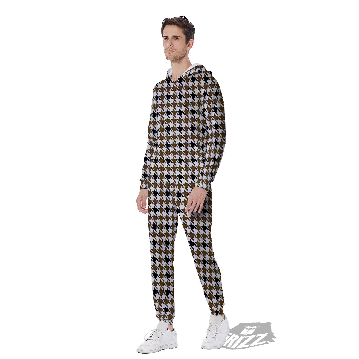 Houndstooth Black And Brown Print Men's Jumpsuit-grizzshop