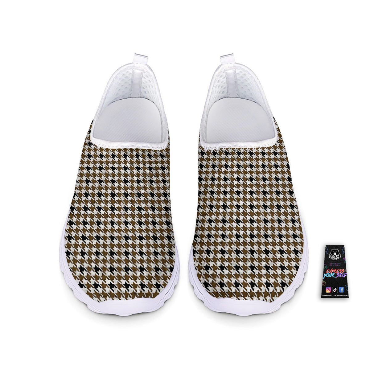Houndstooth Black And Brown Print Nurse Shoes-grizzshop