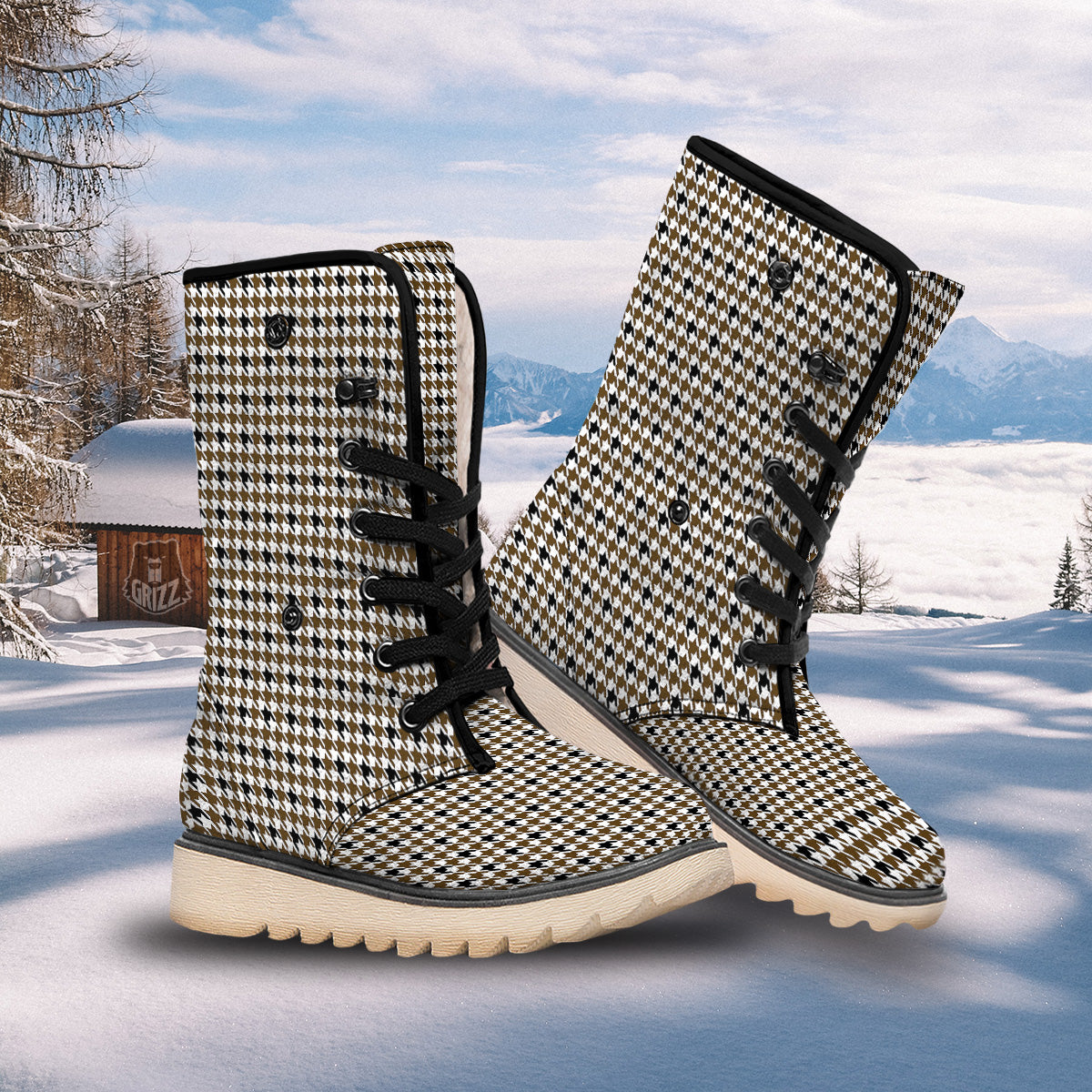 Houndstooth Black And Brown Print Snow Boots-grizzshop