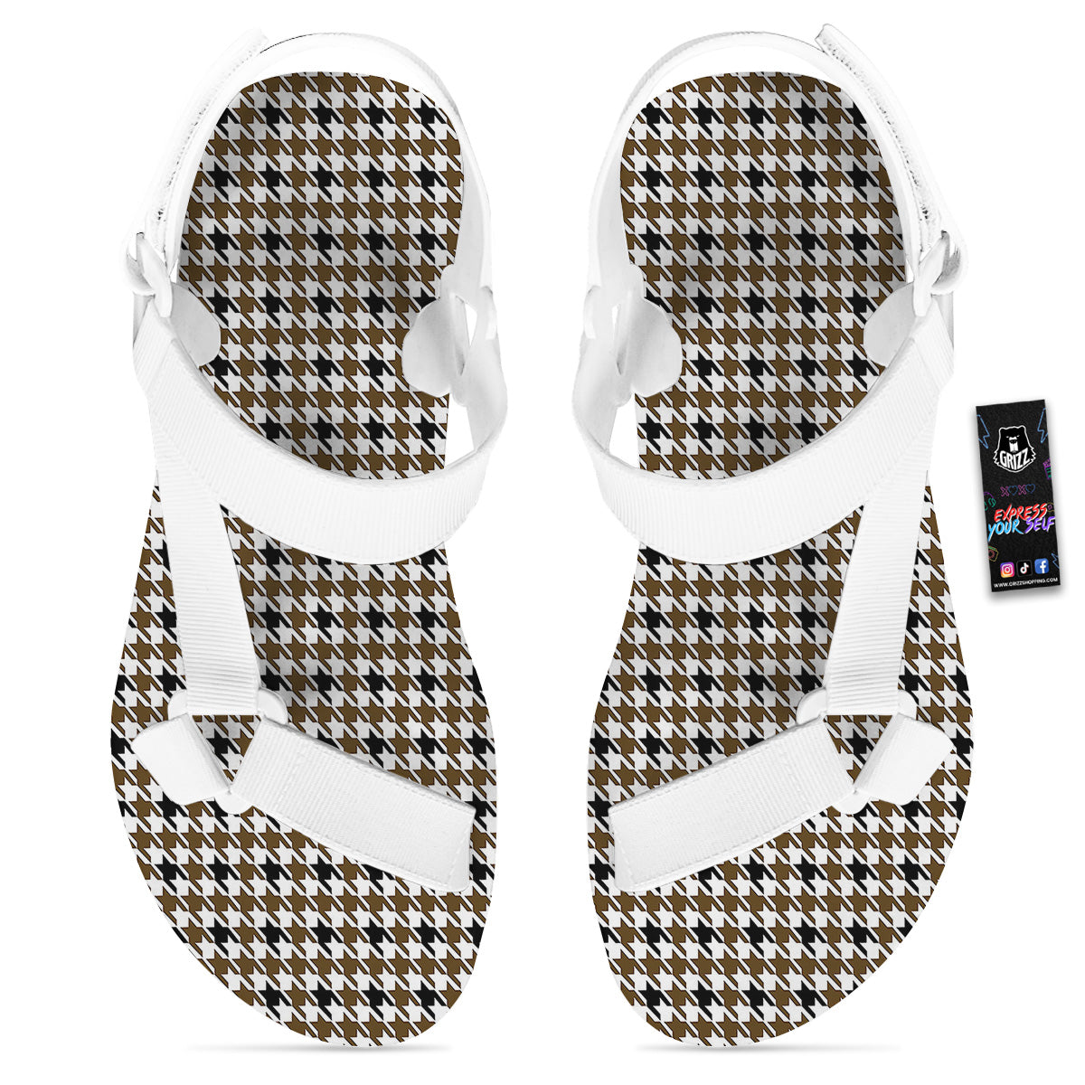 Houndstooth Black And Brown Print White Open Toe Sandals-grizzshop