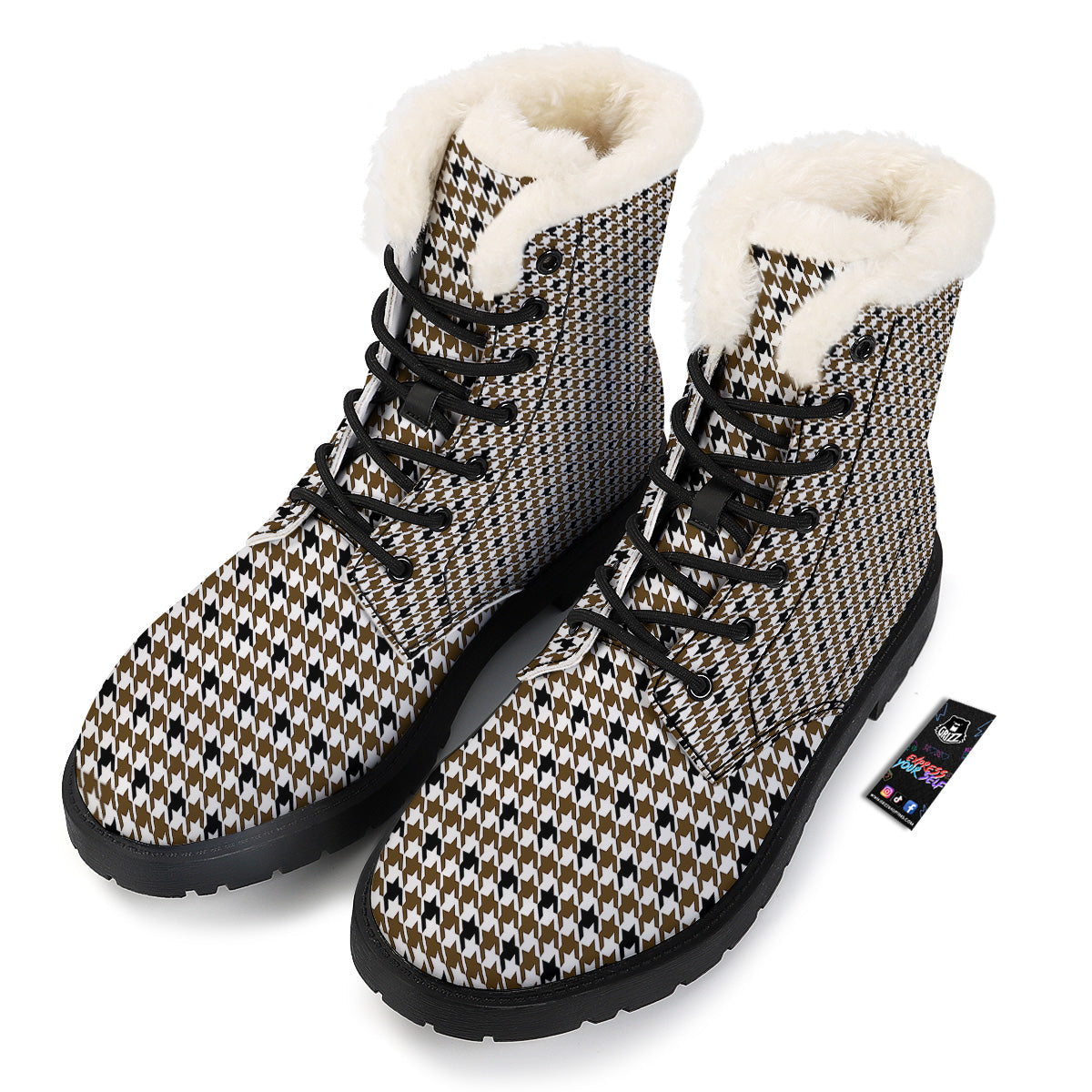 Houndstooth Black And Brown Print Winter Boots-grizzshop