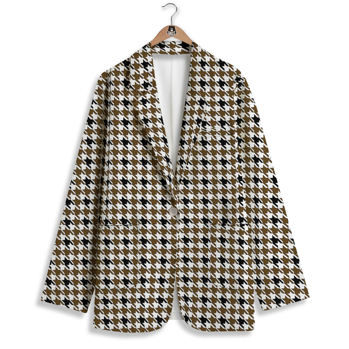 Houndstooth Black And Brown Print Women's Blazer-grizzshop