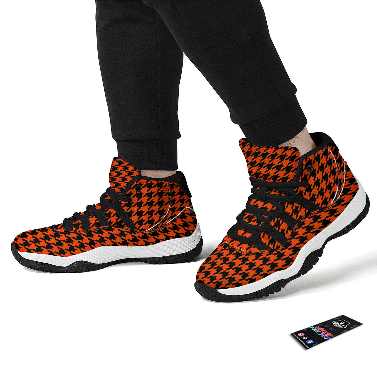 Houndstooth Black And Orange Print Black Bball Shoes-grizzshop