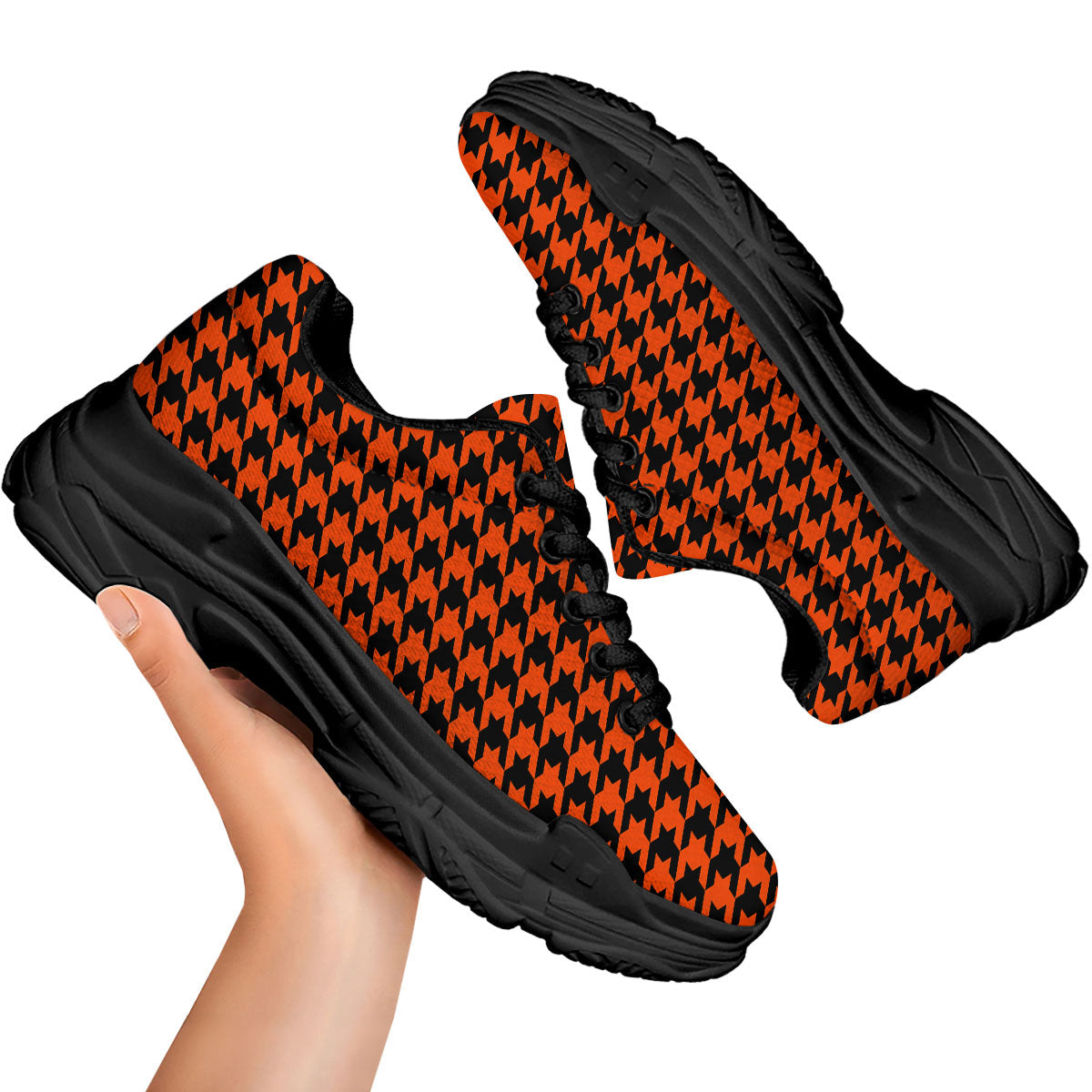 Houndstooth Black And Orange Print Black Chunky Shoes-grizzshop
