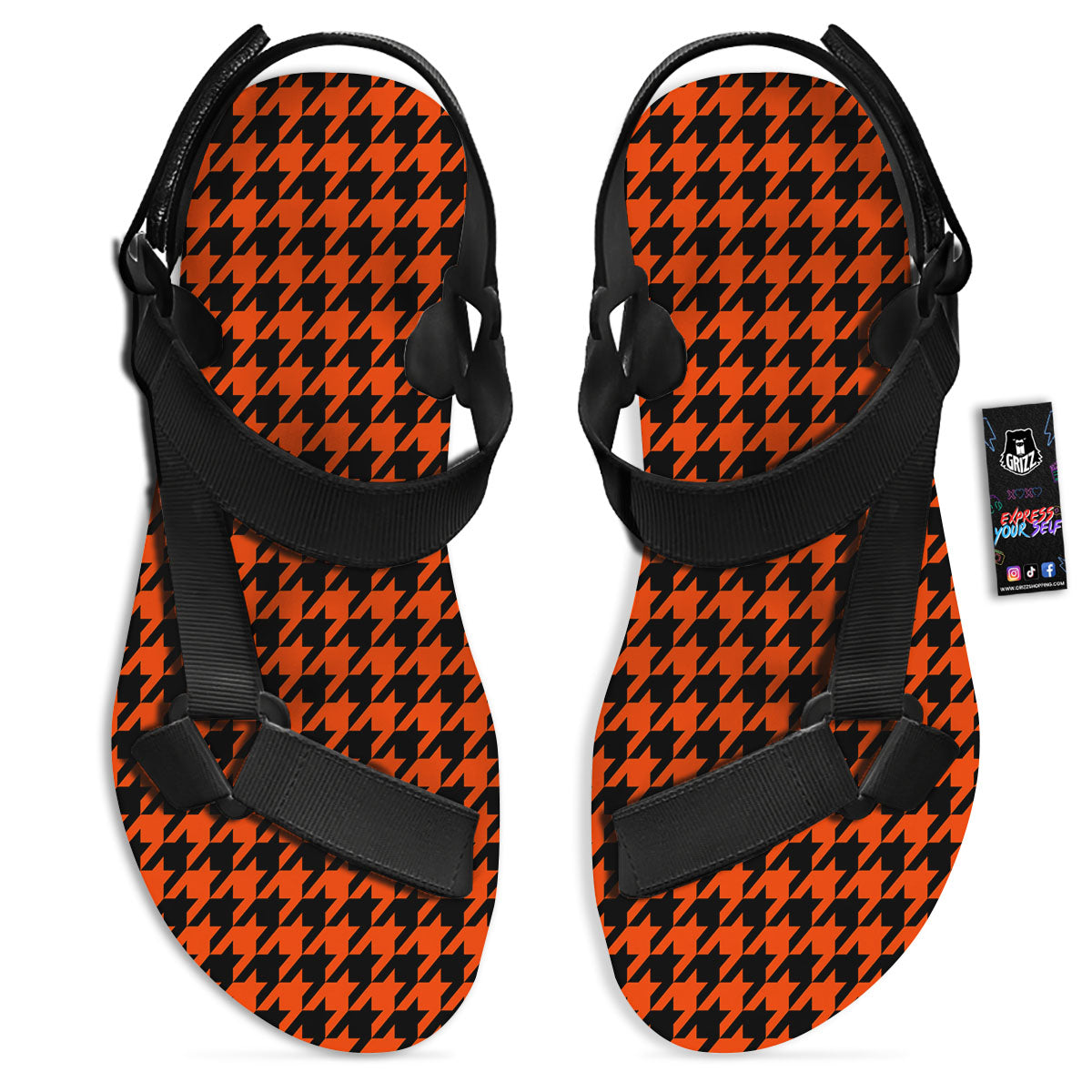 Houndstooth Black And Orange Print Black Open Toe Sandals-grizzshop