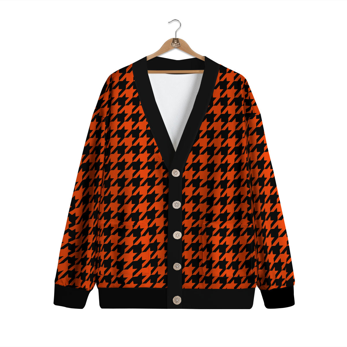 Houndstooth Black And Orange Print Cardigan-grizzshop