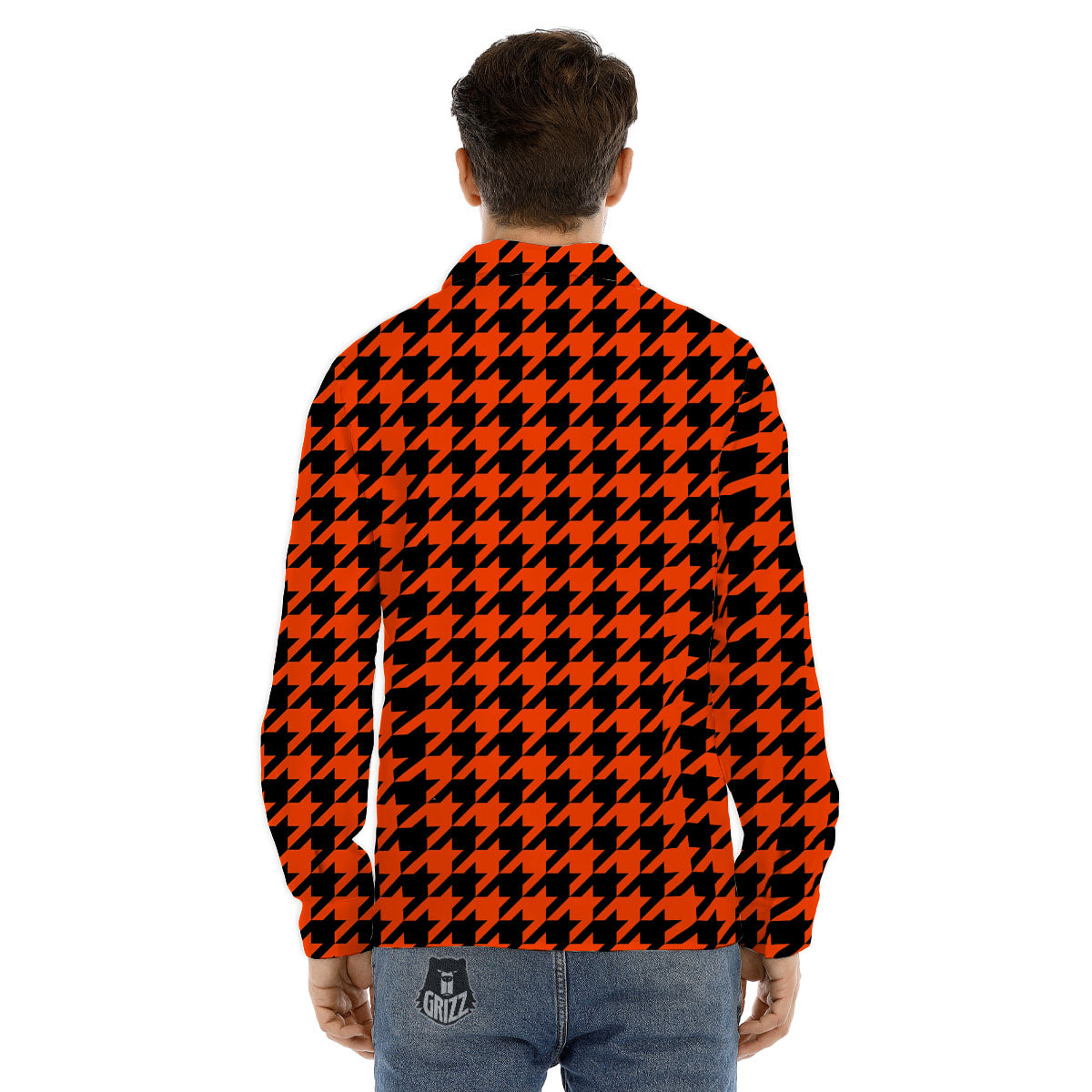 Houndstooth Black And Orange Print Men's Dress Shirts-grizzshop