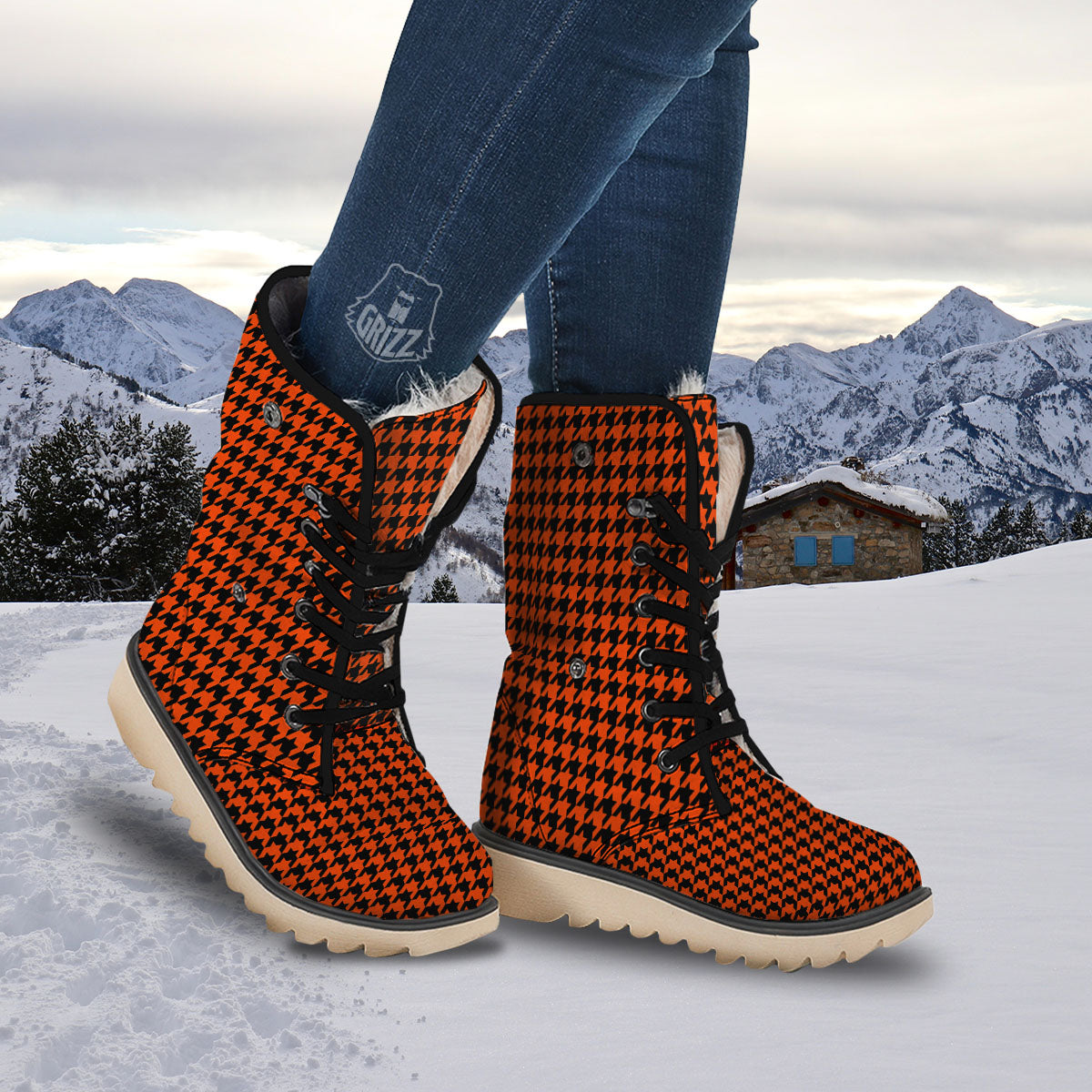 Houndstooth Black And Orange Print Snow Boots-grizzshop