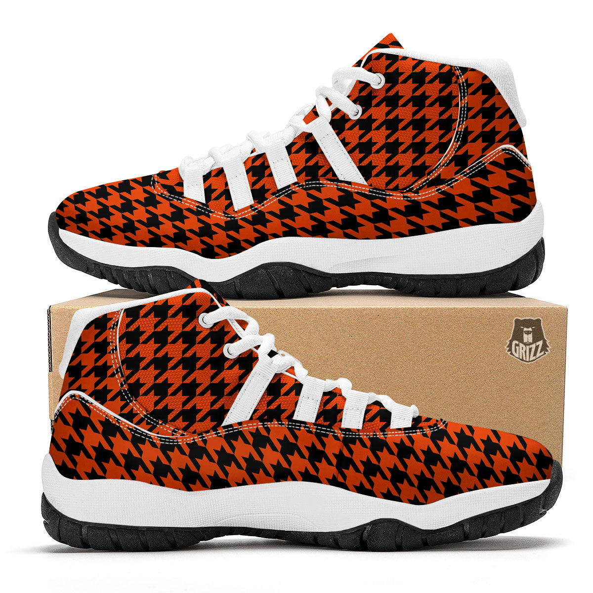 Houndstooth Black And Orange Print White Bball Shoes-grizzshop