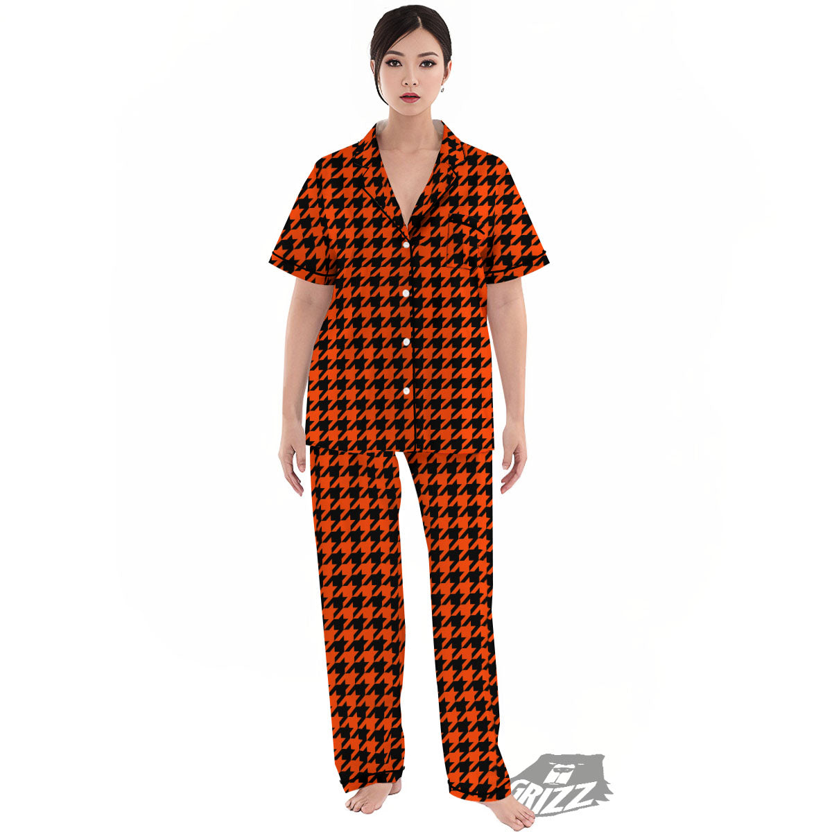 Houndstooth Black And Orange Print Women's Pajamas Set-grizzshop