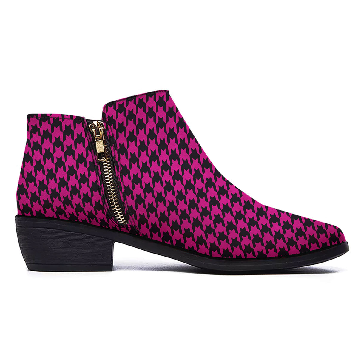 Houndstooth Black And Pink Magenta Print Ankle Boots-grizzshop