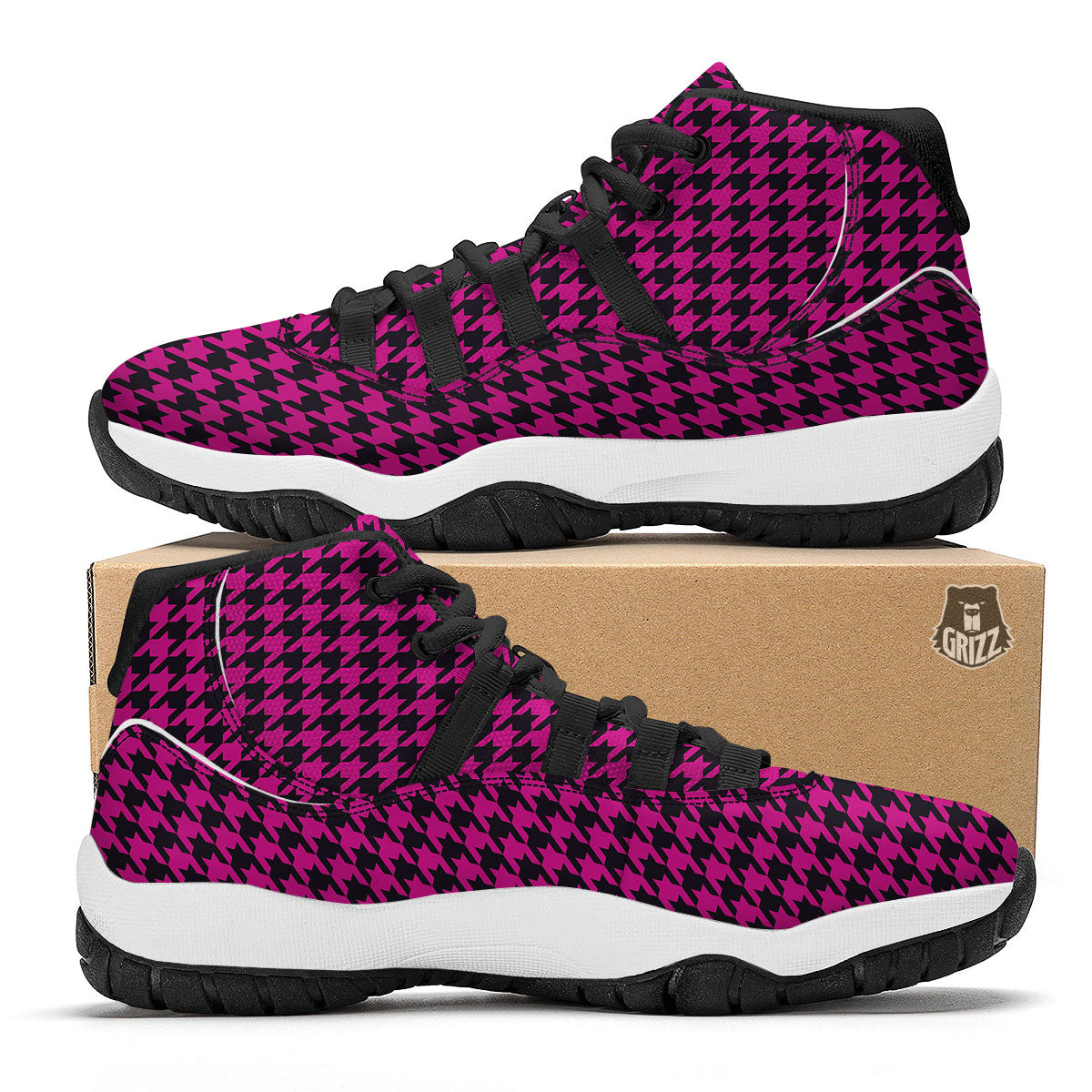 Houndstooth Black And Pink Magenta Print Black Bball Shoes-grizzshop