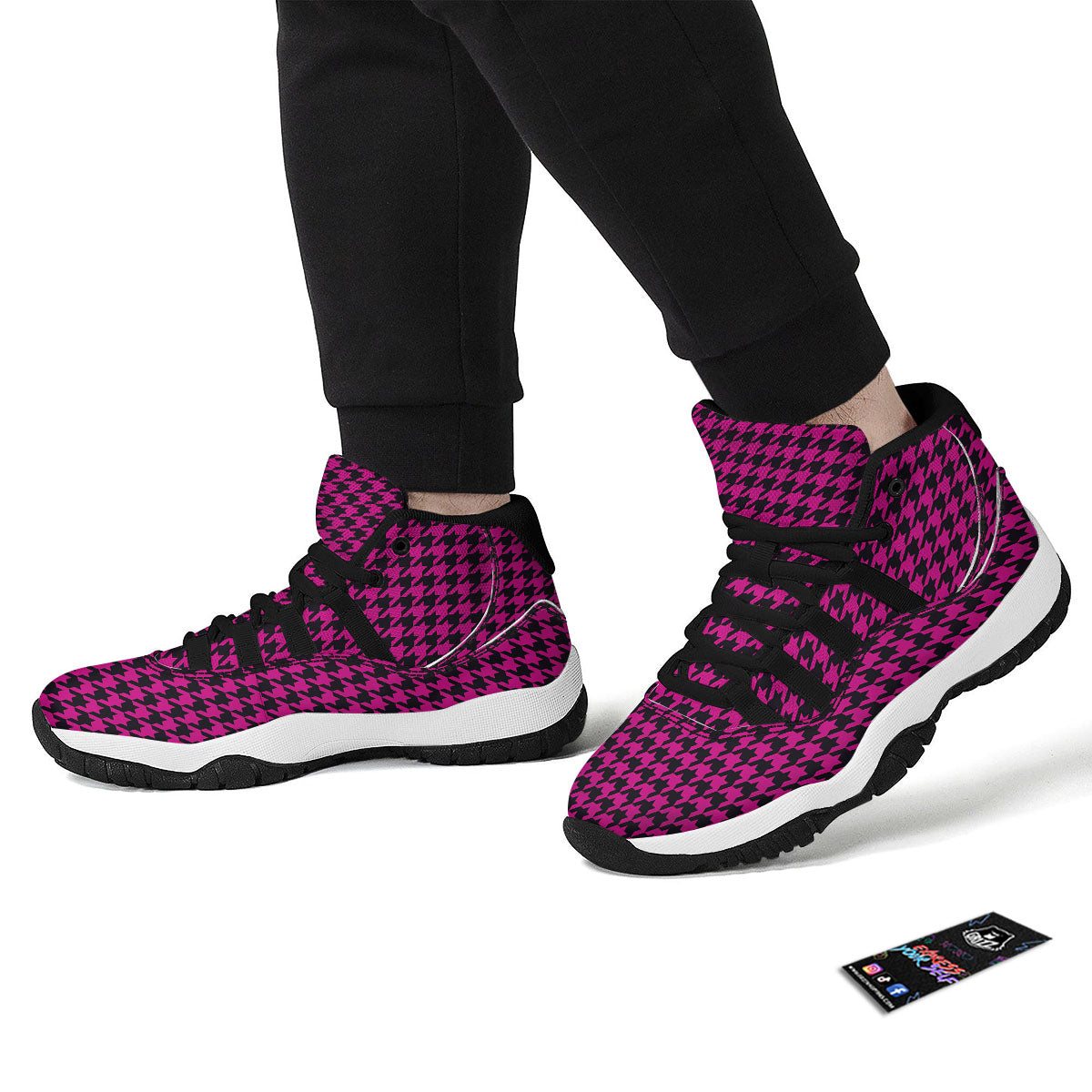 Houndstooth Black And Pink Magenta Print Black Bball Shoes-grizzshop