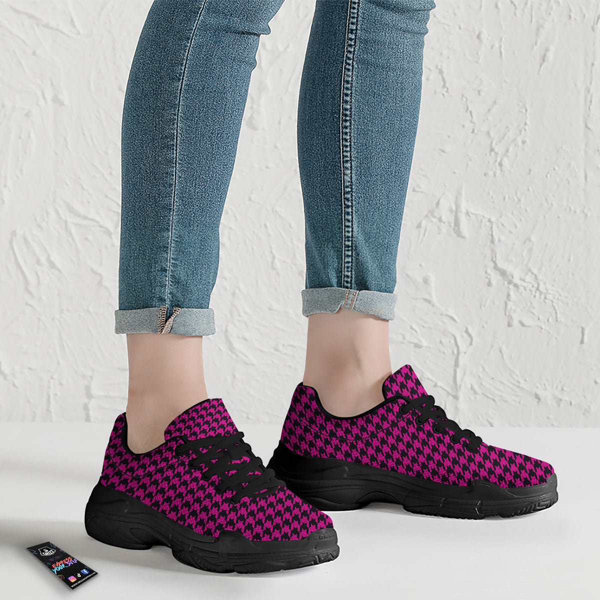 Houndstooth Black And Pink Magenta Print Black Chunky Shoes-grizzshop