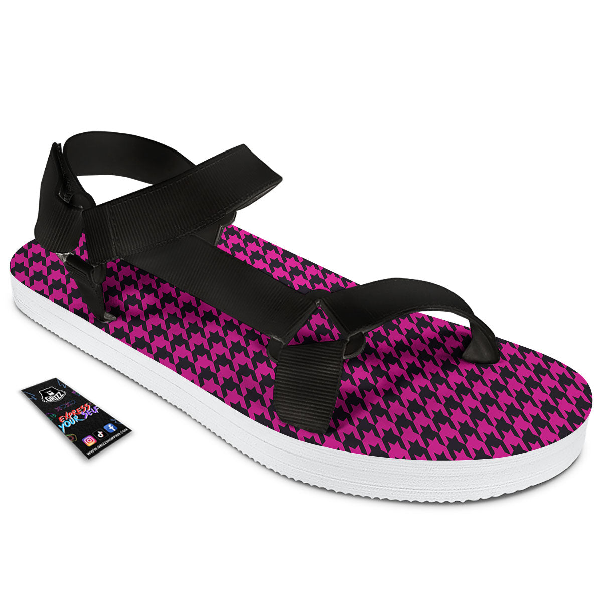 Houndstooth Black And Pink Magenta Print Black Open Toe Sandals-grizzshop
