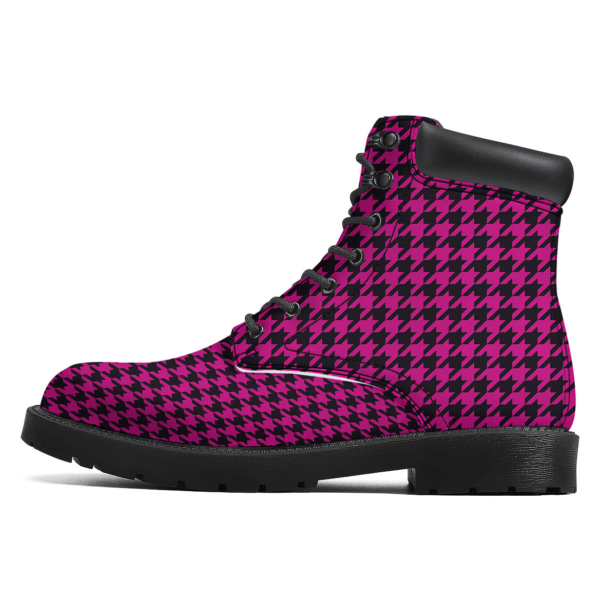 Houndstooth Black And Pink Magenta Print Boots-grizzshop