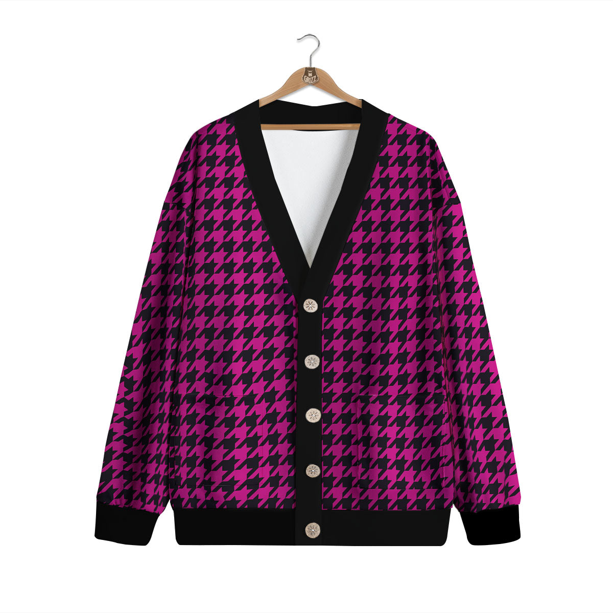 Houndstooth Black And Pink Magenta Print Cardigan-grizzshop