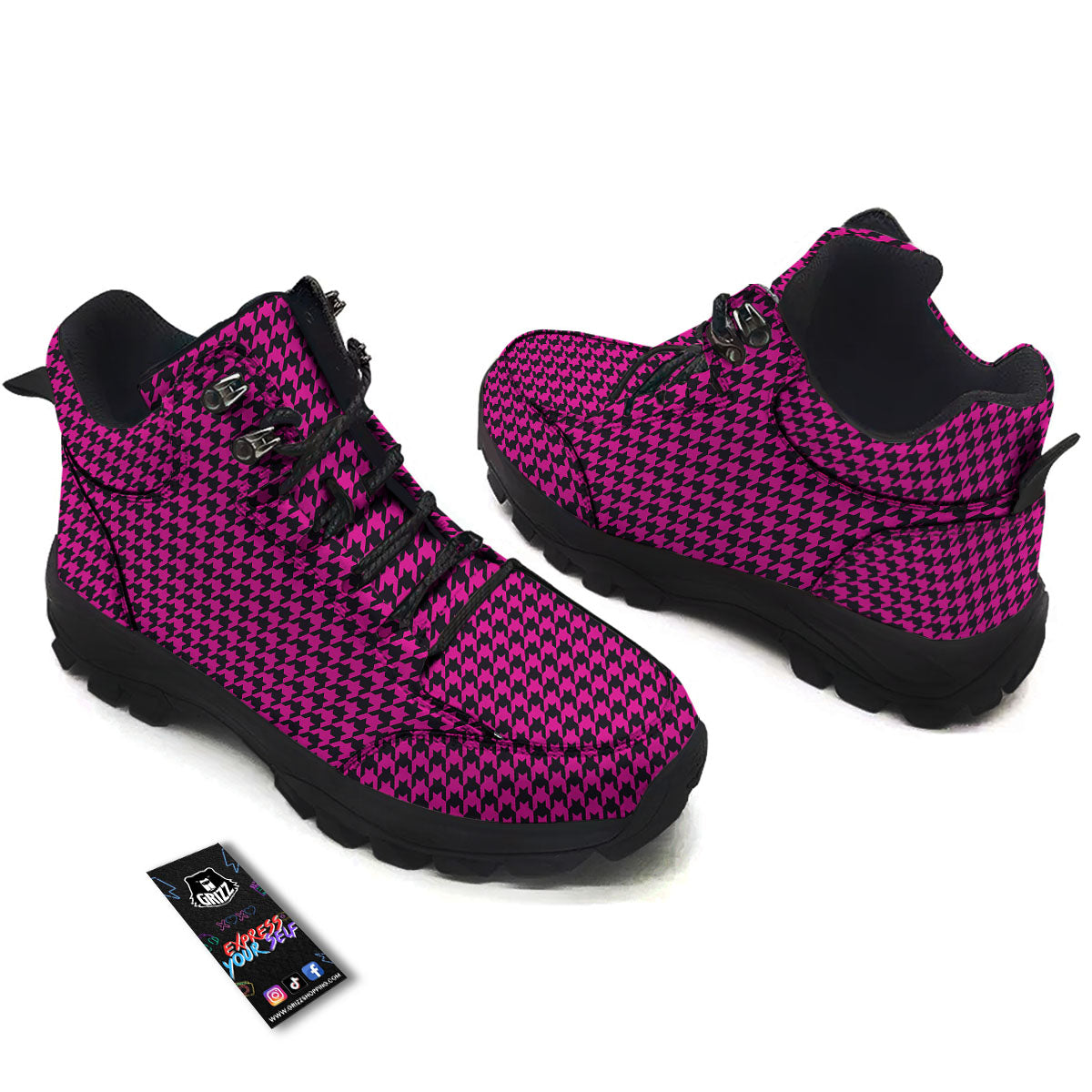 Houndstooth Black And Pink Magenta Print Hiking Shoes-grizzshop